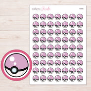 Pink Poke Ball Planner Stickers | I-9856 — 5 × 7 inch sheet and enlarged sticker detail