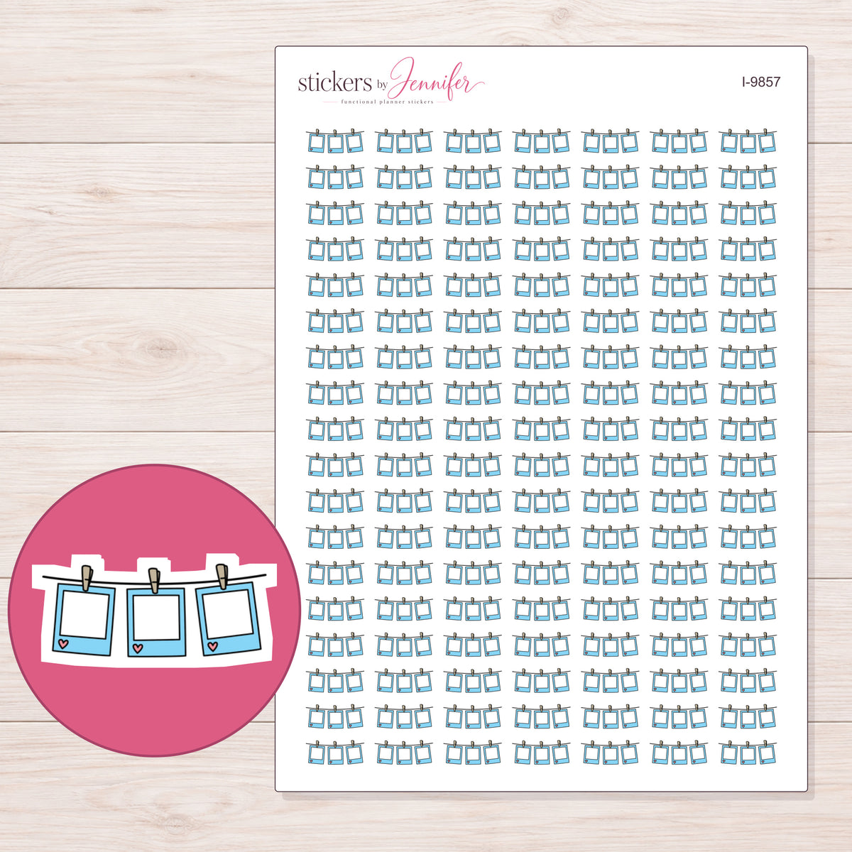Blue Hanging Photo Frames Planner Stickers | I-9857 — 5 × 7 inch sheet and enlarged sticker detail