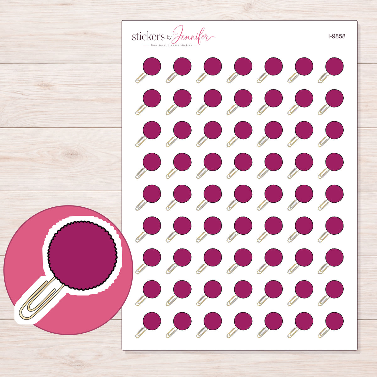 Magenta Pom Pom Paper Clip Planner Stickers | I-9858 — 5 × 7 inch sheet and enlarged sticker detail
