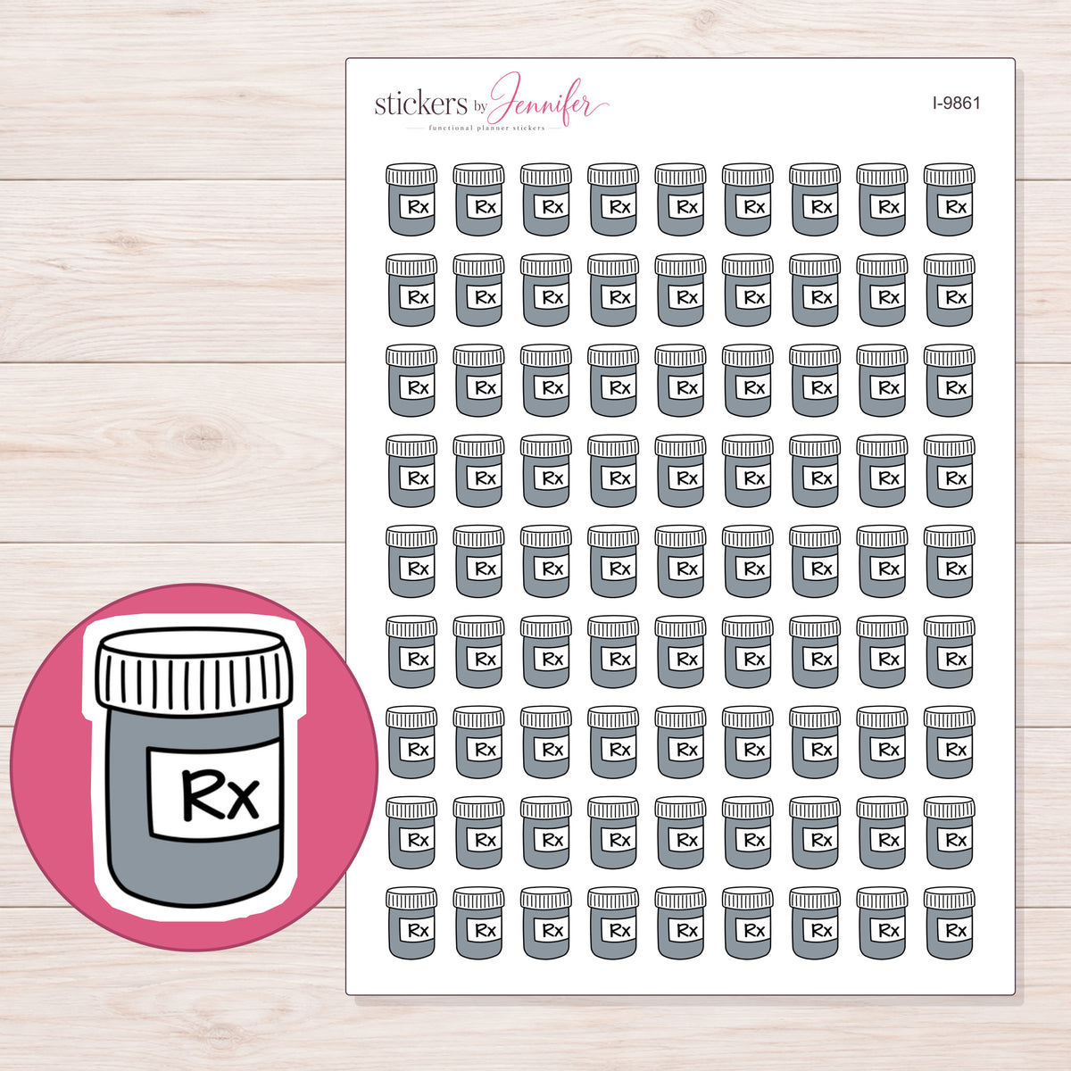 Gray Prescription Bottle Planner Stickers | I-9861 — 5 × 7 inch sheet and enlarged sticker detail