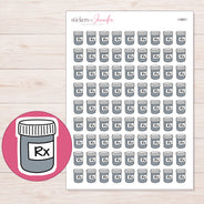 Gray Prescription Bottle Planner Stickers | I-9861 — 5 × 7 inch sheet and enlarged sticker detail