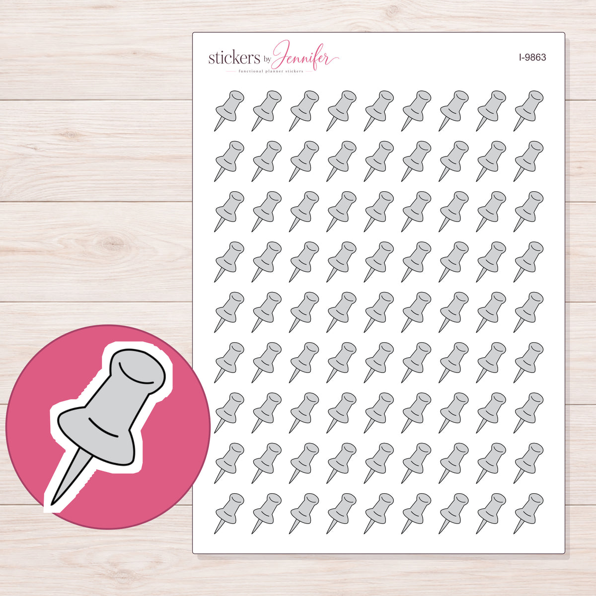 Light Gray Push Pin Planner Stickers | I-9863 — 5 × 7 inch sheet and enlarged sticker detail