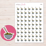 Gray Heart Ramen Bowl Planner Stickers | I-9866 — 5 × 7 inch sheet and enlarged sticker detail