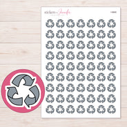 Gray Recycling Symbol Planner Stickers | I-9868 — 5 × 7 inch sheet and enlarged sticker detail