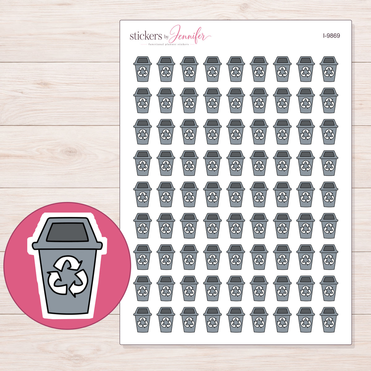Gray Recycling Bin Planner Stickers | I-9869 — 5 × 7 inch sheet and enlarged sticker detail
