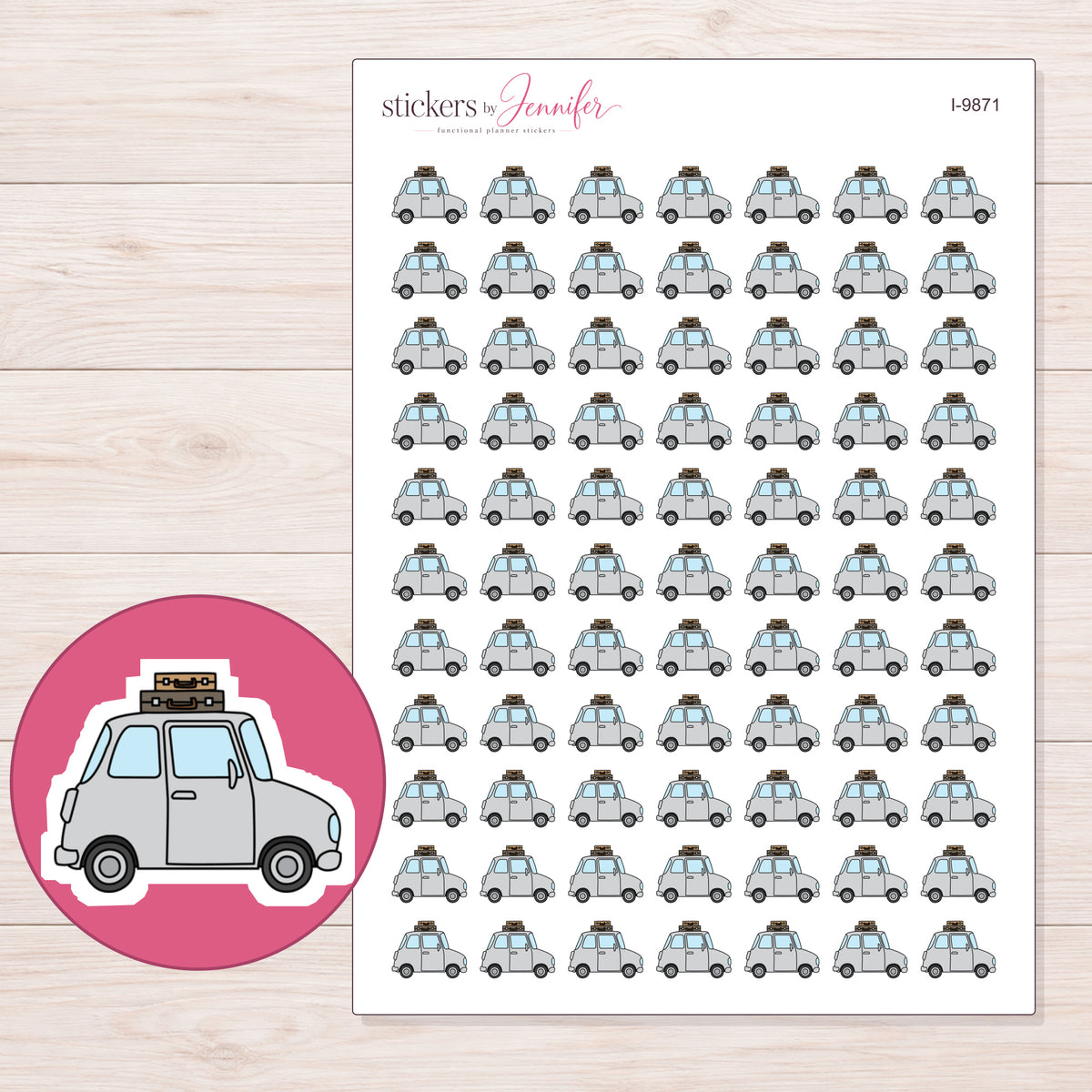 Gray Road Trip Car Planner Stickers | I-9871 — 5 × 7 inch sheet and enlarged sticker detail