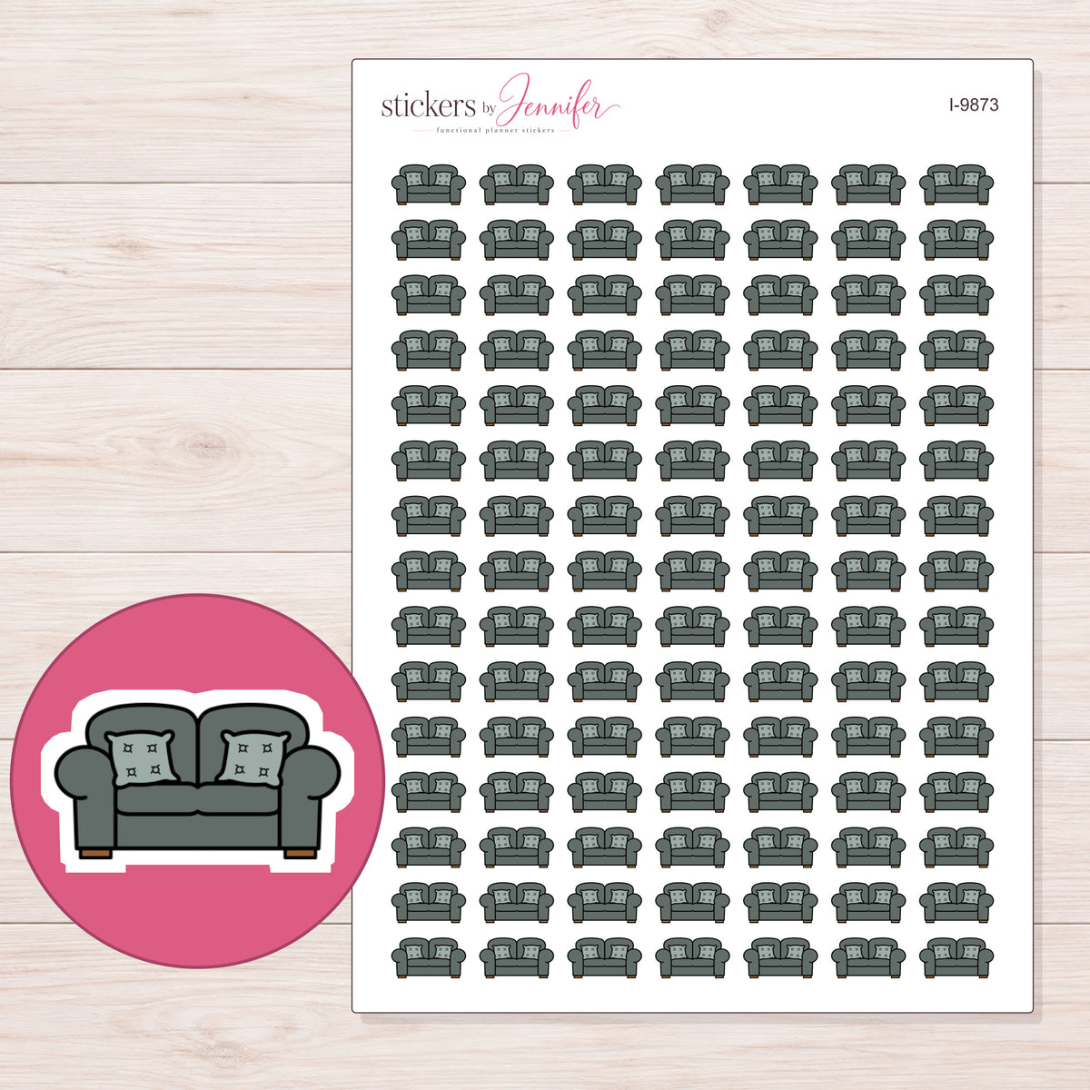 Charcoal Sofa Planner Stickers | I-9873 — 5 × 7 inch sheet and enlarged sticker detail