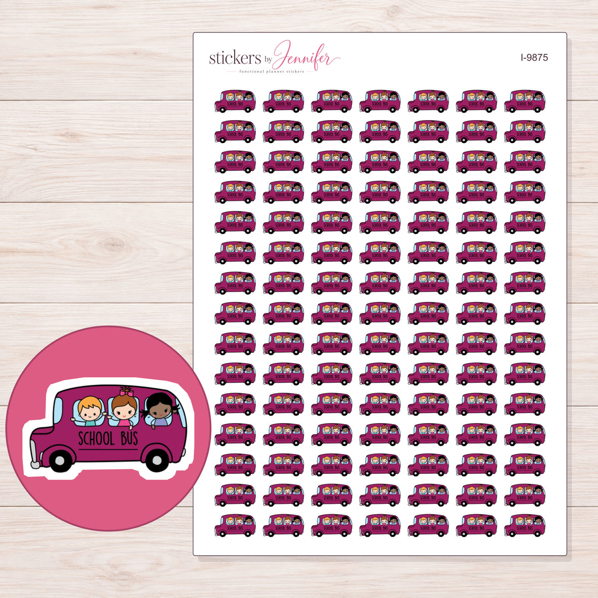 Magenta School Bus Planner Stickers | I-9875 — 5 × 7 inch sheet and enlarged sticker detail