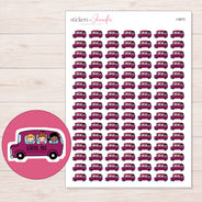Magenta School Bus Planner Stickers | I-9875 — 5 × 7 inch sheet and enlarged sticker detail