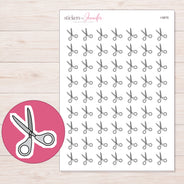 Gray Scissors Planner Stickers | I-9876 — 5 × 7 inch sheet and enlarged sticker detail