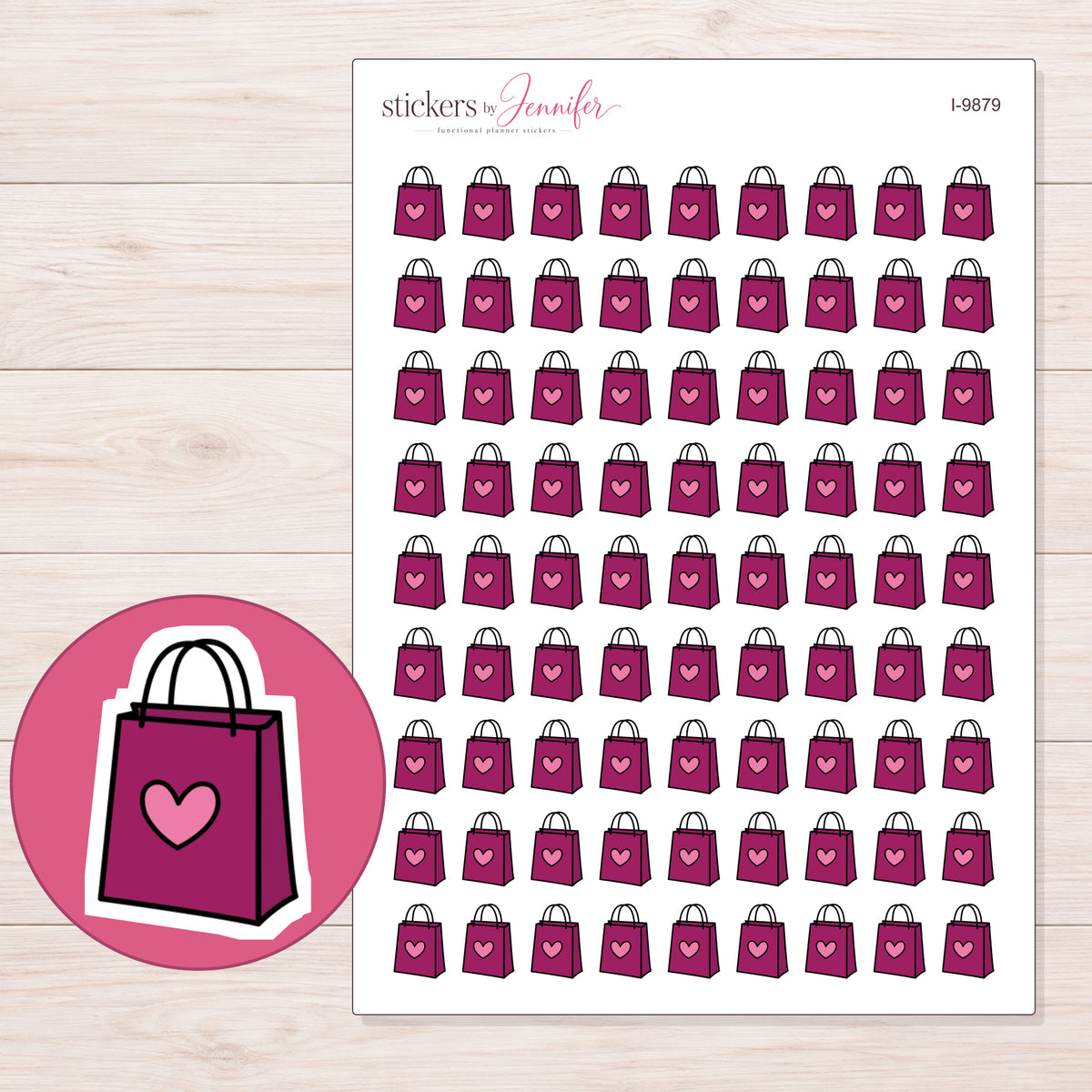 Magenta Heart Shopping Bag Planner Stickers | I-9879 — 5 × 7 inch sheet and enlarged sticker detail