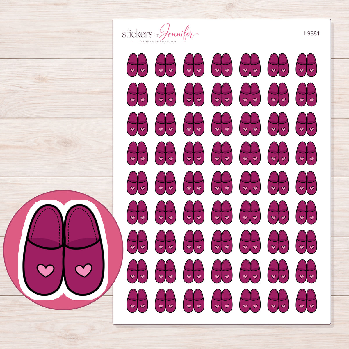Magenta Heart Slippers Planner Stickers | I-9881 — 5 × 7 inch sheet and enlarged sticker detail