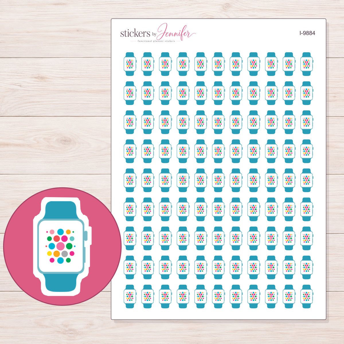 Teal Smartwatch with App Icons Planner Stickers | I-9884 — 5 × 7 inch sheet and enlarged sticker detail