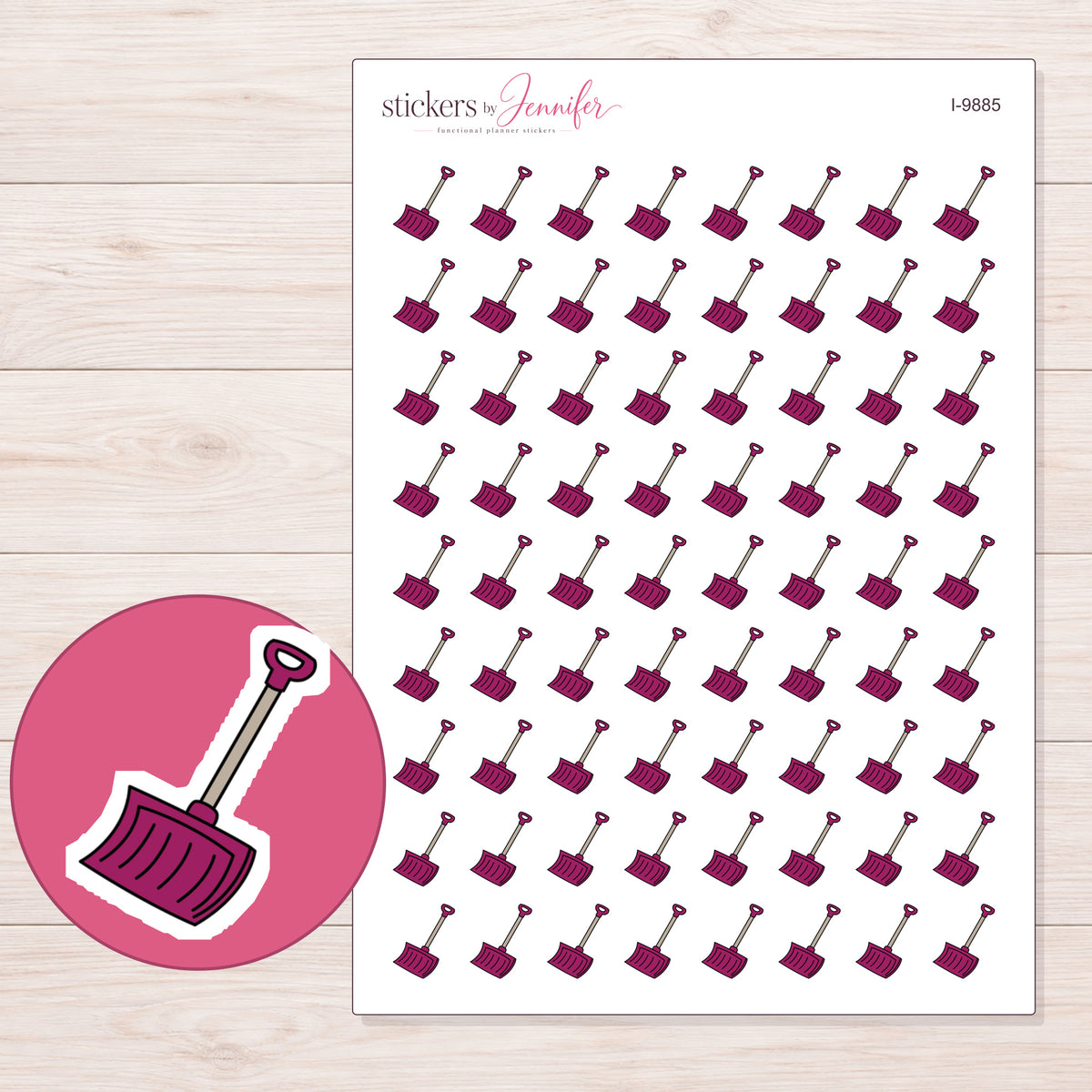 Magenta Snow Shovel Planner Stickers | I-9885 — 5 × 7 inch sheet and enlarged sticker detail
