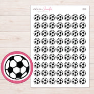 Black and White Soccer Ball Planner Stickers | I-9886 — 5 × 7 inch sheet and enlarged sticker detail