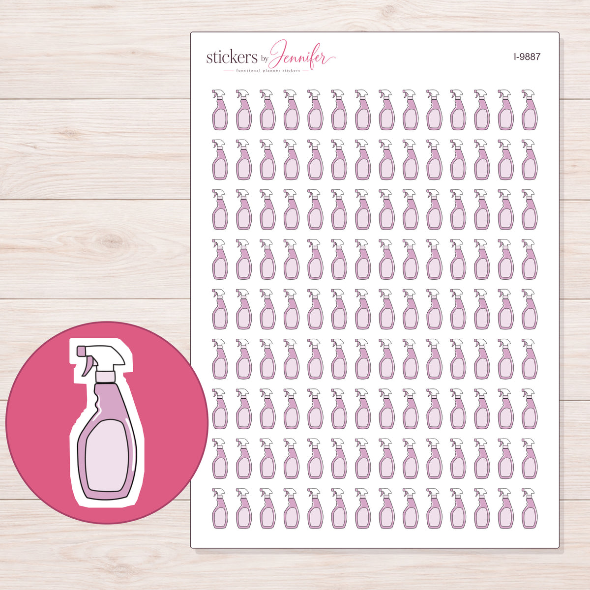 Pale Pink Spray Bottle Planner Stickers | I-9887 — 5 × 7 inch sheet and enlarged sticker detail