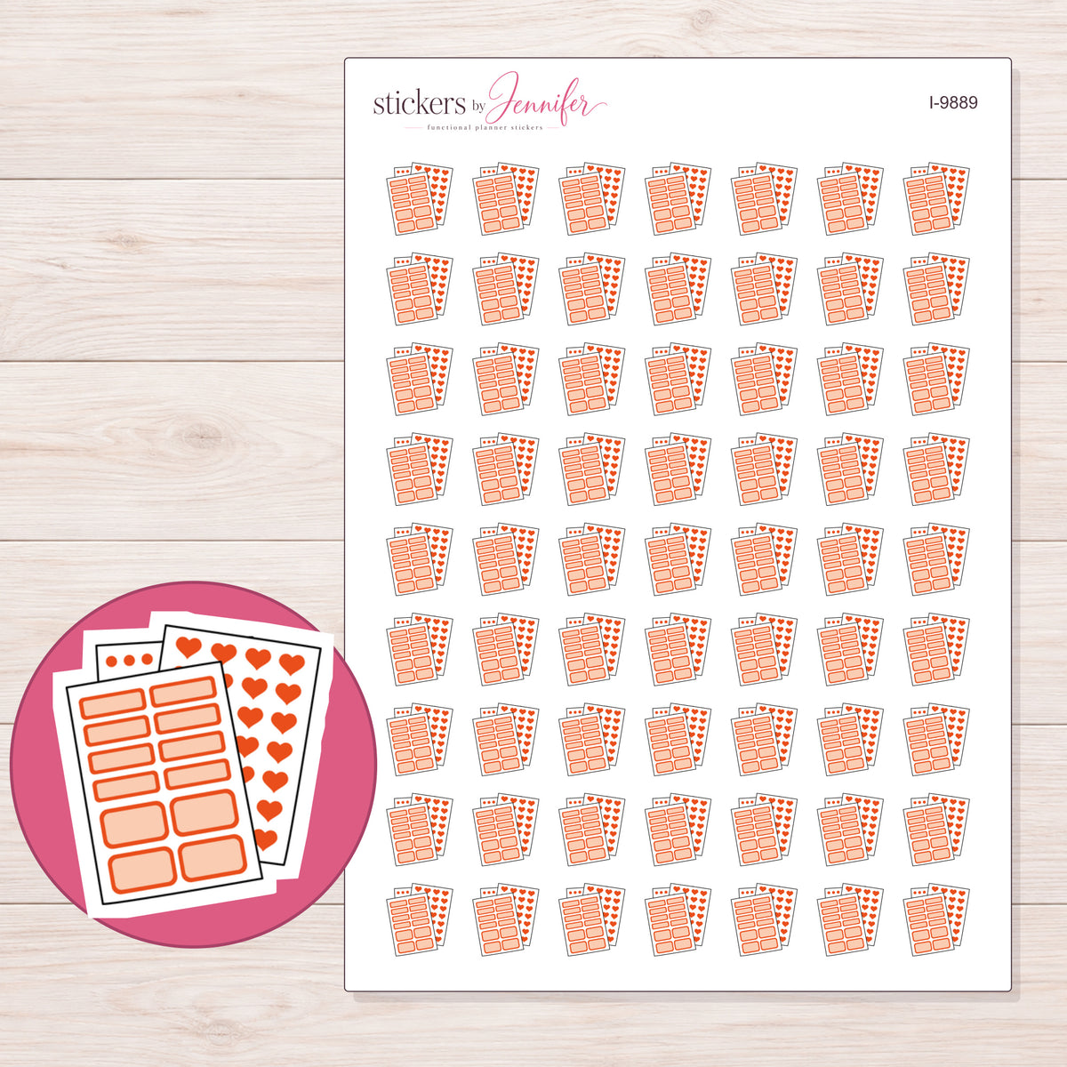 Peach Planner Sticker Sheets Planner Stickers | I-9889 — 5 × 7 inch sheet and enlarged sticker detail