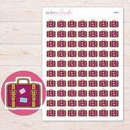 Magenta Suitcase with Gold Straps Planner Stickers | I-9891 — 5 × 7 inch sheet and enlarged sticker detail