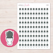 White Toilet with Gray Seat Planner Stickers | I-9895 — 5 × 7 inch sheet and enlarged sticker detail