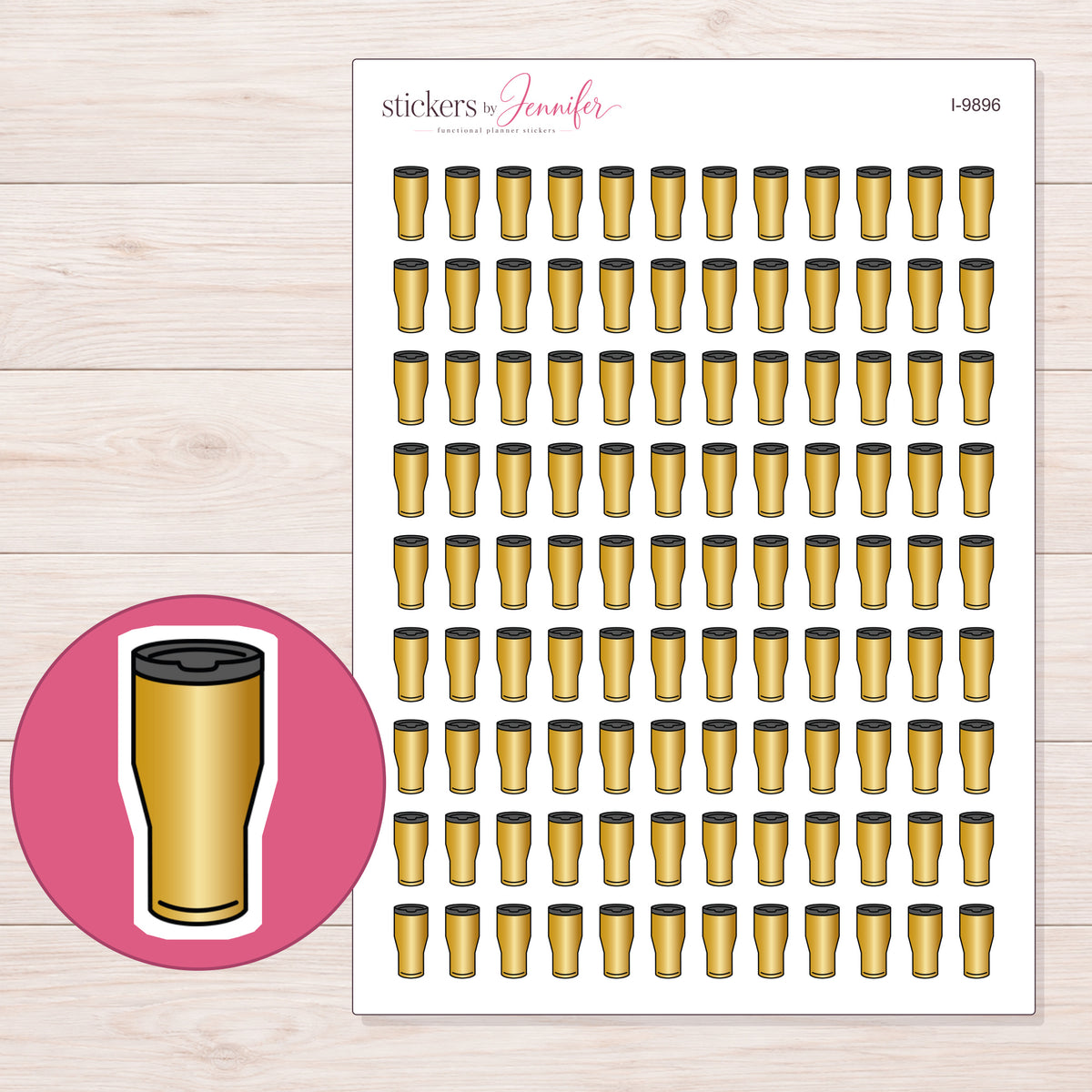 Gold Travel Tumbler Planner Stickers | I-9896 — 5 × 7 inch sheet and enlarged sticker detail