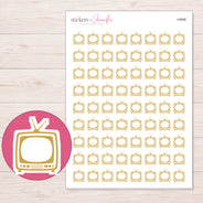Gold Outline Retro Television Planner Stickers | I-9898 — 5 × 7 inch sheet and enlarged sticker detail