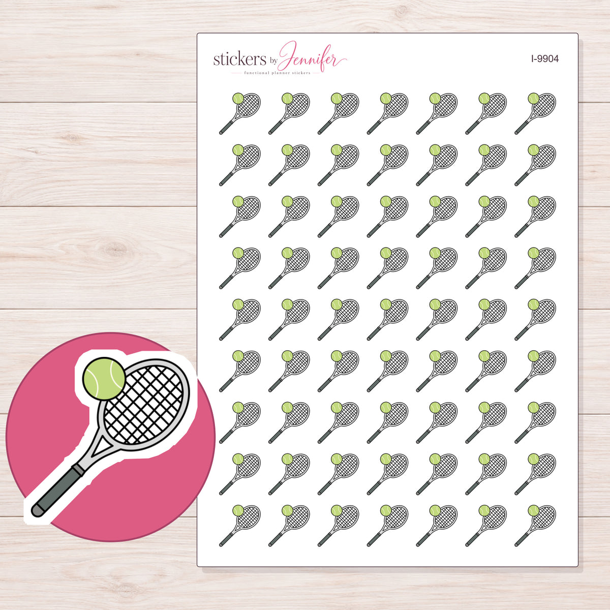 Gray Tennis Racket and Green Ball Planner Stickers | I-9904 — 5 × 7 inch sheet and enlarged sticker detail