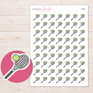 Gray Tennis Racket and Green Ball Planner Stickers | I-9904 — 5 × 7 inch sheet and enlarged sticker detail