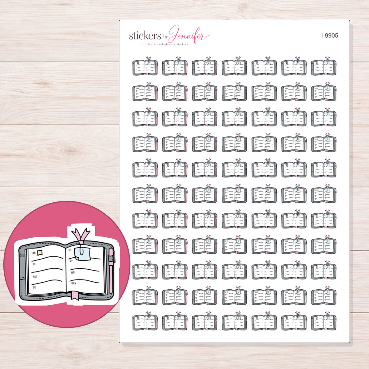 Open Gray Planner with Bow Clip Planner Stickers | I-9905 — 5 × 7 inch sheet and enlarged sticker detail