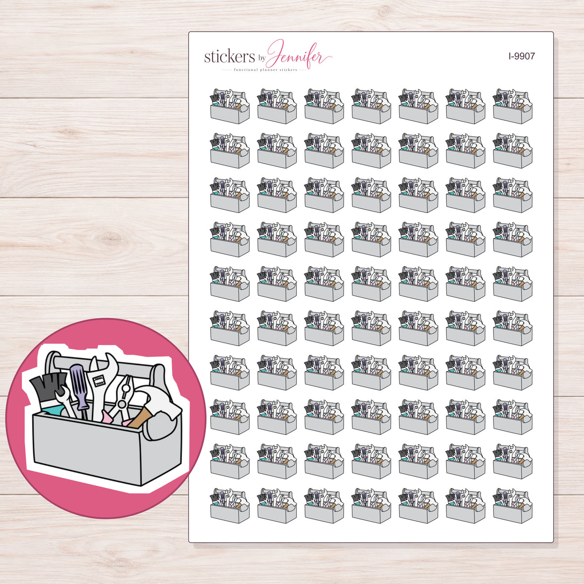 Gray Toolbox with Tools Planner Stickers | I-9907 — 5 × 7 inch sheet and enlarged sticker detail