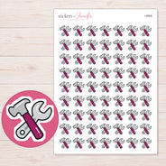 Magenta Hammer and Gray Wrench Planner Stickers | I-9908 — 5 × 7 inch sheet and enlarged sticker detail