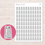 Gray Toothpaste and Toothbrush Planner Stickers | I-9910 — 5 × 7 inch sheet and enlarged sticker detail