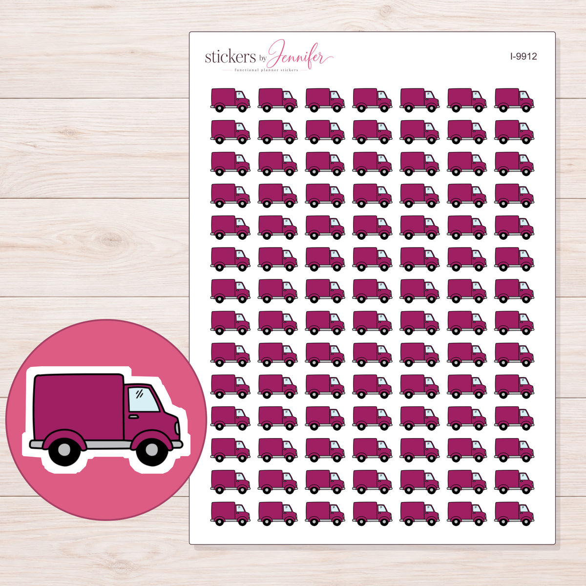 Magenta Delivery Truck Planner Stickers | I-9912 — 5 × 7 inch sheet and enlarged sticker detail