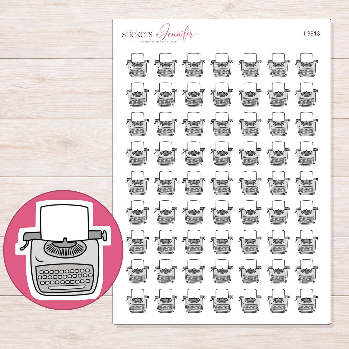 Gray Typewriter Planner Stickers | I-9913 — 5 × 7 inch sheet and enlarged sticker detail
