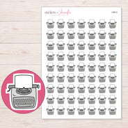 Gray Typewriter Planner Stickers | I-9913 — 5 × 7 inch sheet and enlarged sticker detail