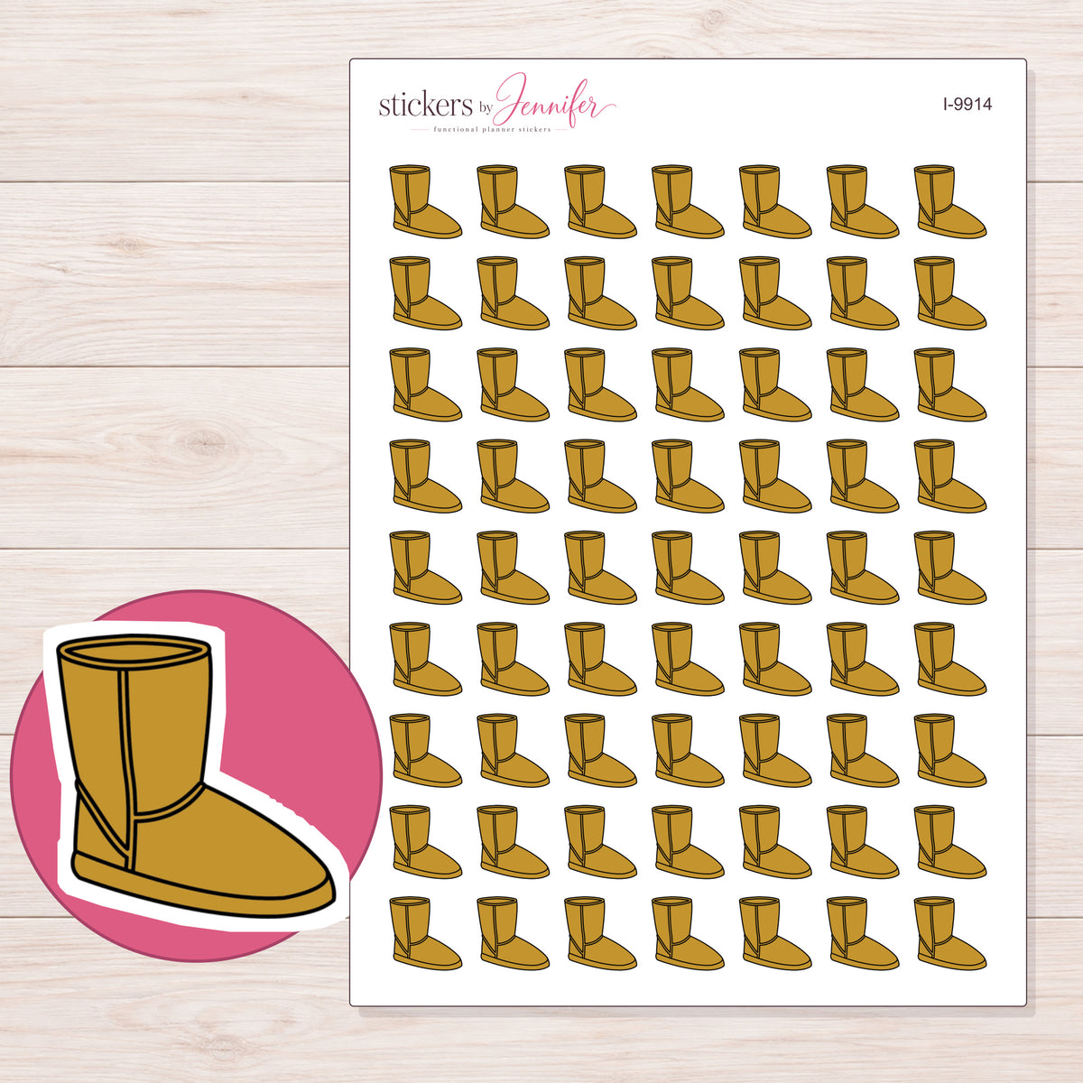 Gold Cozy Boot Planner Stickers | I-9914 — 5 × 7 inch sheet and enlarged sticker detail