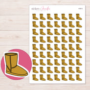 Gold Cozy Boot Planner Stickers | I-9914 — 5 × 7 inch sheet and enlarged sticker detail
