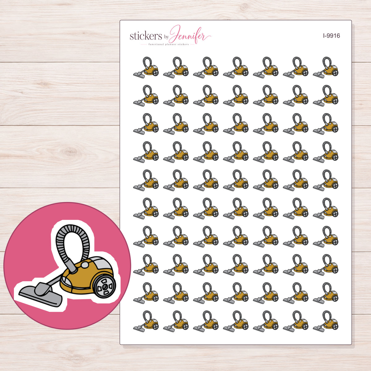 Gold Canister Vacuum Planner Stickers | I-9916 — 5 × 7 inch sheet and enlarged sticker detail