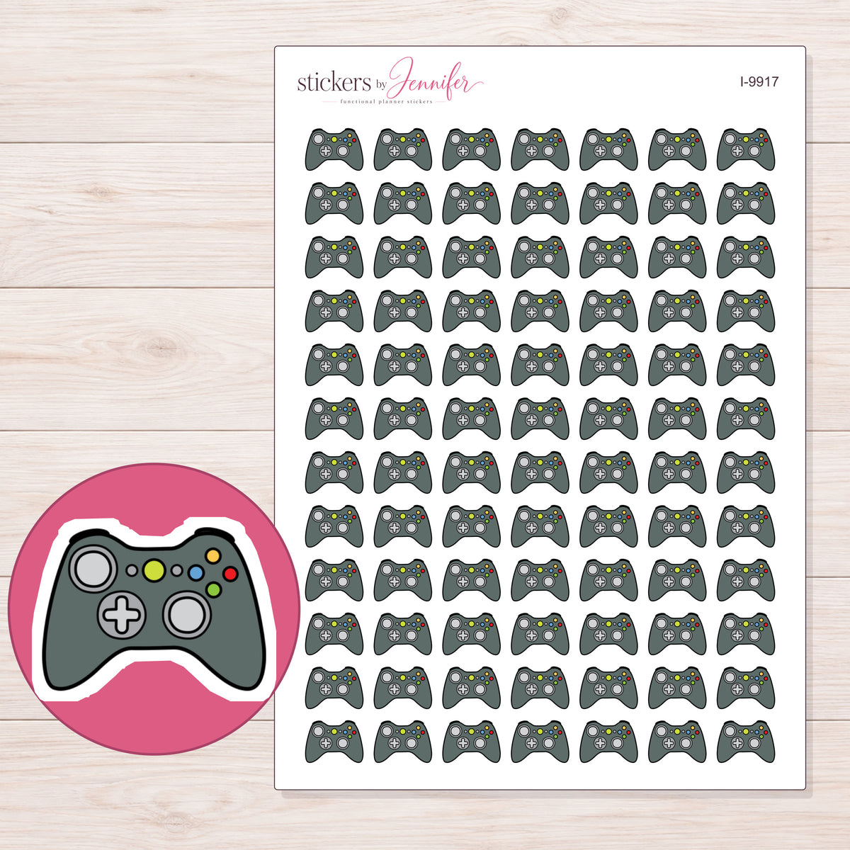 Charcoal Game Controller Planner Stickers | I-9917 — 5 × 7 inch sheet and enlarged sticker detail