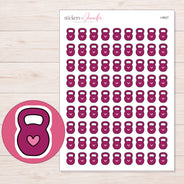 Magenta Heart Kettlebell Planner Stickers | I-9927 — 5 × 7 inch sheet and enlarged sticker detail