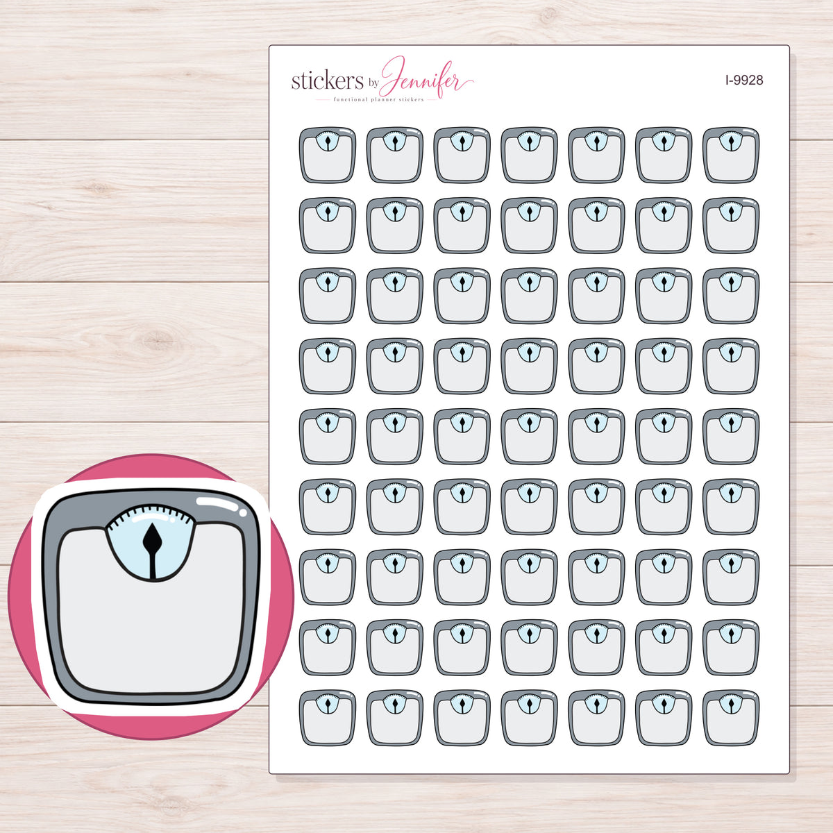 Gray Bathroom Scale Planner Stickers | I-9928 — 5 × 7 inch sheet and enlarged sticker detail