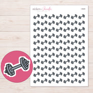 Gray Dumbbell Planner Stickers | I-9929 — 5 × 7 inch sheet and enlarged sticker detail