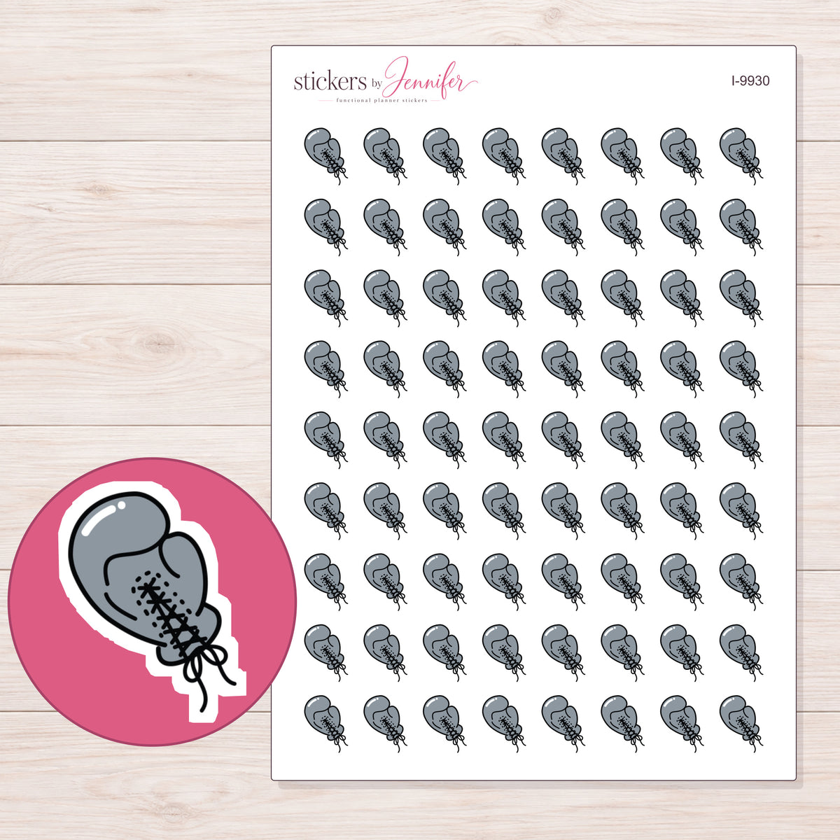 Gray Boxing Glove Planner Stickers | I-9930 — 5 × 7 inch sheet and enlarged sticker detail