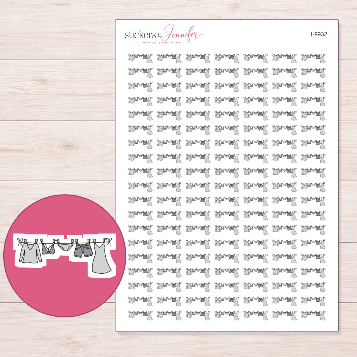 Gray Clothesline Planner Stickers | I-9932 — 5 × 7 inch sheet and enlarged sticker detail