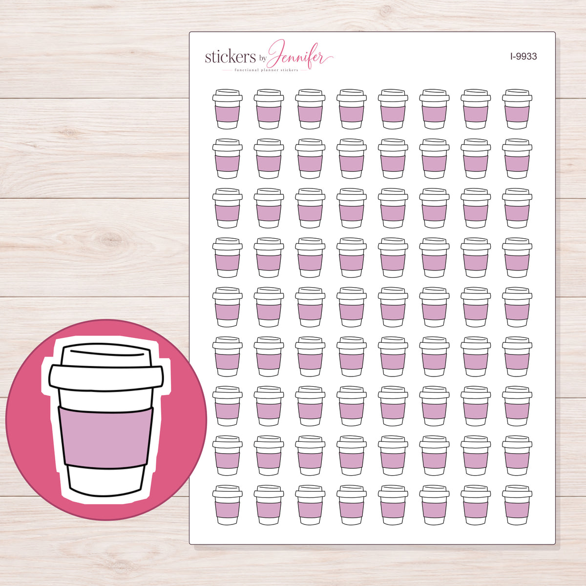Pink Sleeve Coffee Cup Planner Stickers | I-9933 — 5 × 7 inch sheet and enlarged sticker detail