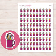 Magenta Mug of Pens and Pencils Planner Stickers | I-9934 — 5 × 7 inch sheet and enlarged sticker detail