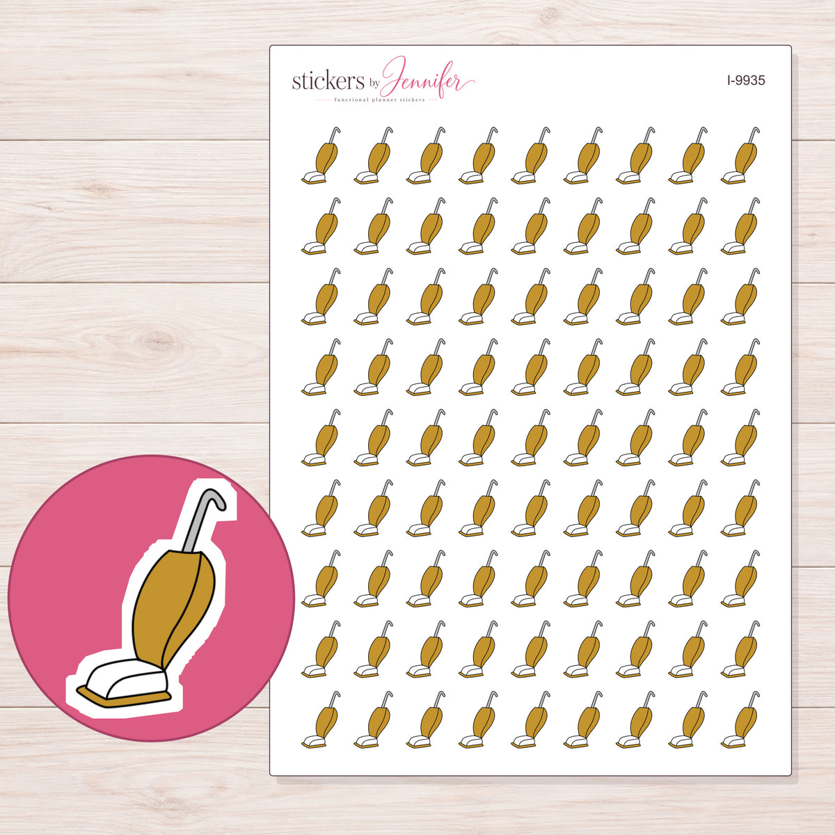 Gold Doodle Upright Vacuum Planner Stickers | I-9935 — 5 × 7 inch sheet and enlarged sticker detail