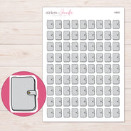 Light Gray Clasp Planner Stickers | I-9937 — 5 × 7 inch sheet and enlarged sticker detail