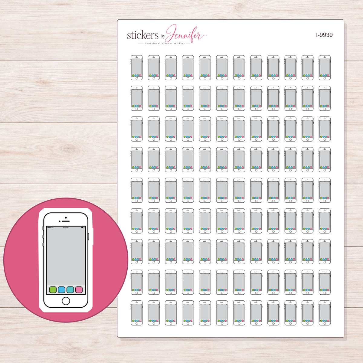 White Smartphone with App Icons Planner Stickers | I-9939 — 5 × 7 inch sheet and enlarged sticker detail
