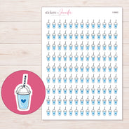 Blue Heart Smoothie Cup Planner Stickers | I-9940 — 5 × 7 inch sheet and enlarged sticker detail