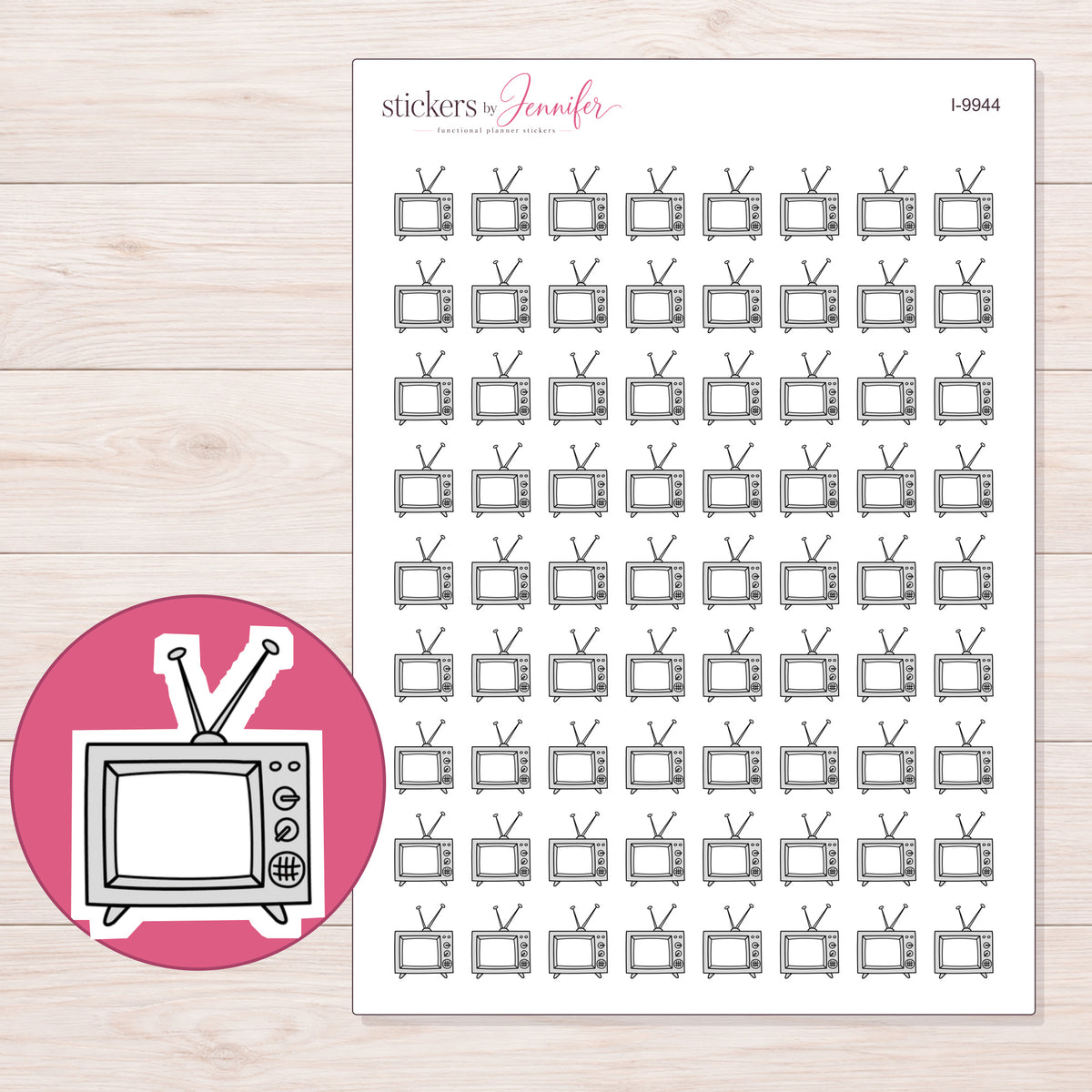 Gray Retro Television with Antenna Planner Stickers | I-9944 — 5 × 7 inch sheet and enlarged sticker detail